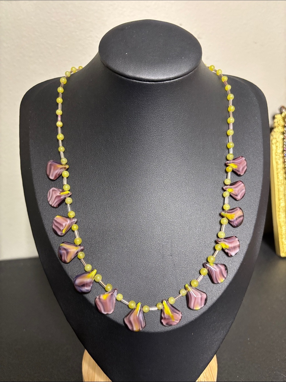 Vintage Handcrafted Dainty Glass Purple and Yellow Bead Necklace